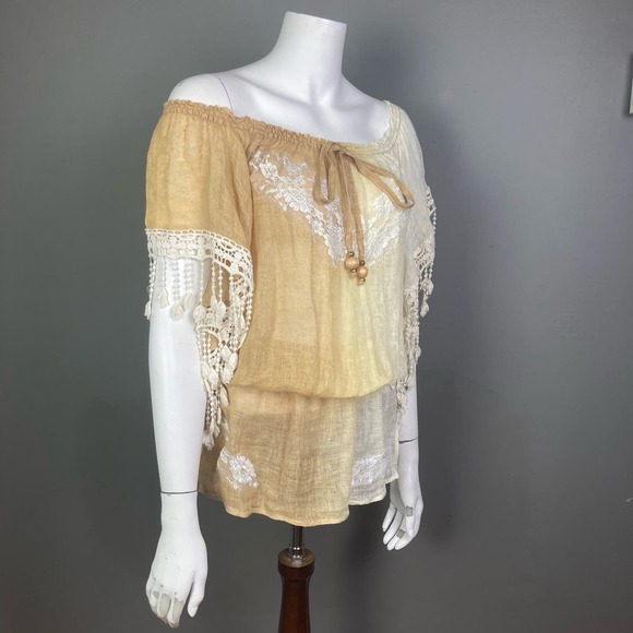 Vanita Rosa Dress small s/m Linen Applique embroidered Tie Peplum Waist Lace - Picture 5 of 16